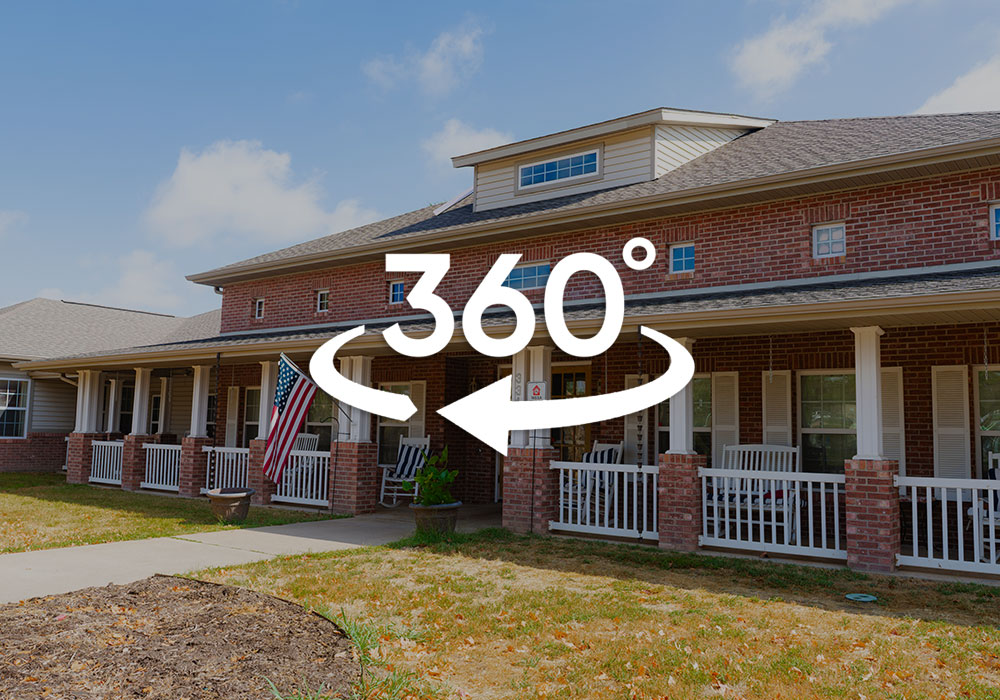 front of The Gardens at Osage Terrace building with 360 degree graphic overlay