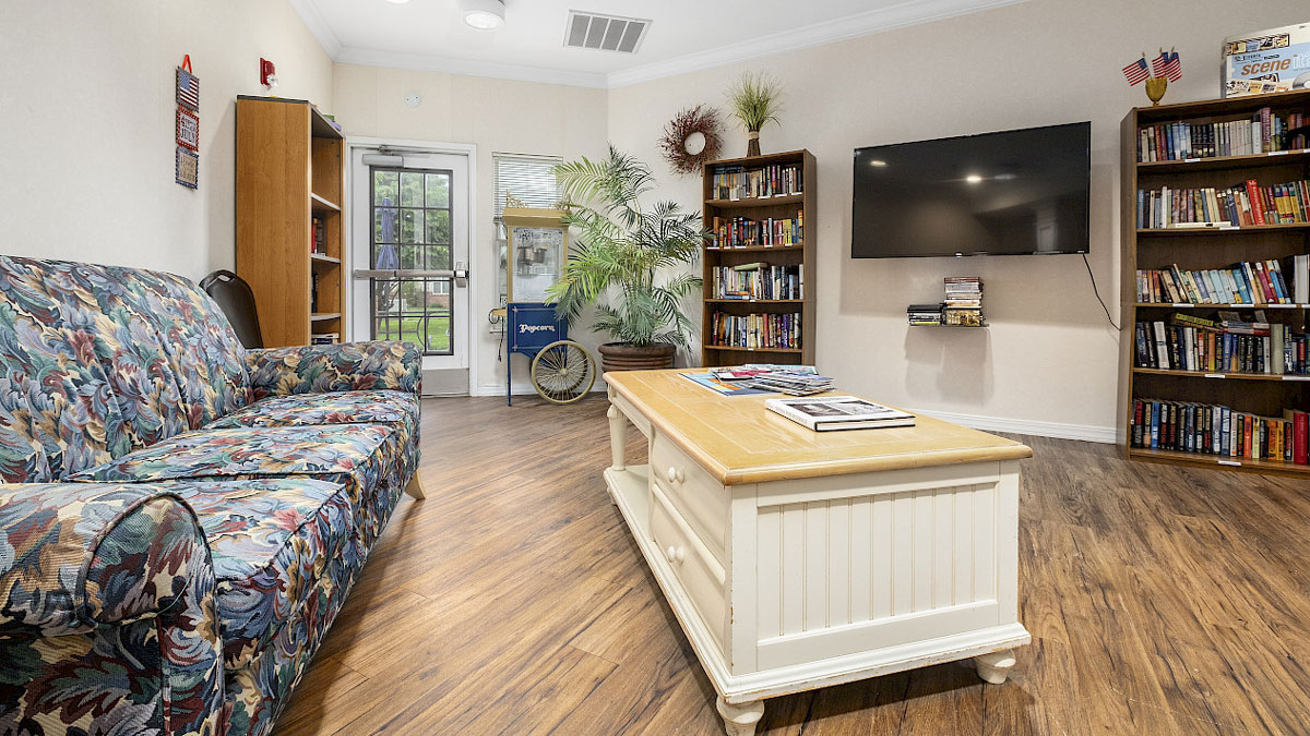 living room with couch, coffee table, tv, and bookshelves